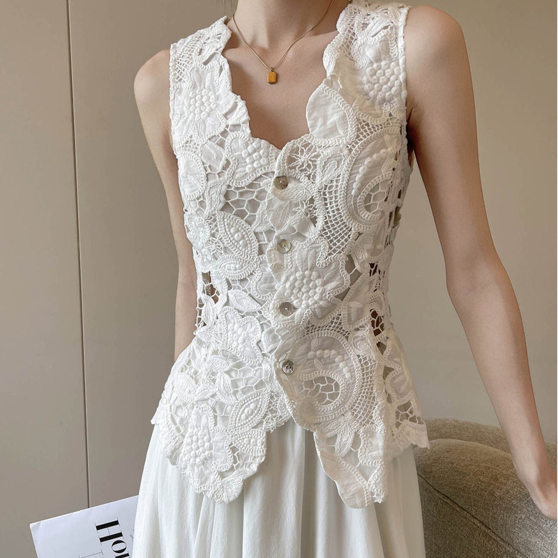 Summer 2026 New Style Waist-Cinching Slimming Lace Hollow-Out Top White Collar Sleeveless Heavy-Duty Vest for Women