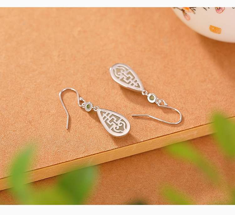 Bông tai móc bạc S925 mạ vàng hình nai, mặt ngọc bích phong cách retro giọt nước chữ Hỷ — Kiểu màu bạc chi tiết 6