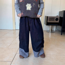 【555清仓不.退换】新款韩范潮流儿童牛仔裤卷边拼色长裤抓毛牛仔