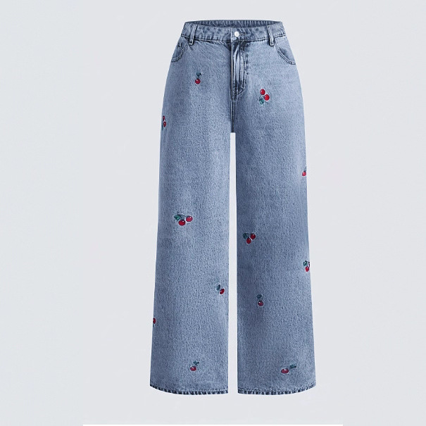 Vintage Washed Slimming Stretch Jeans For Women Smoky Gray Distressed Red Cherry Blossom Embroidered American Style_ecoleips.com