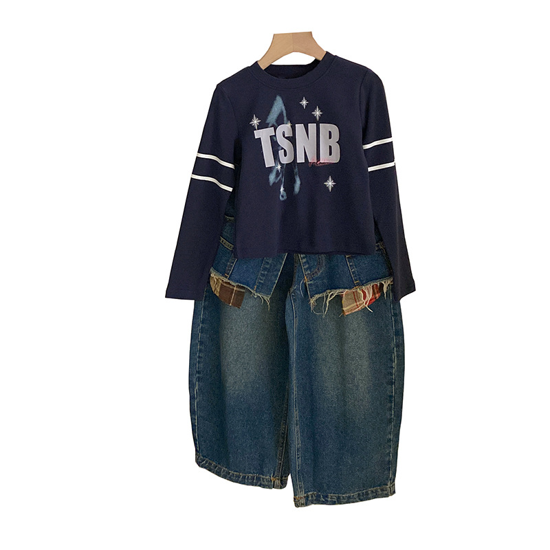 Korean Version New Girls Printed Letter Trend Top 2025 Autumn Pencil Skirt Design Jeans Set of Two