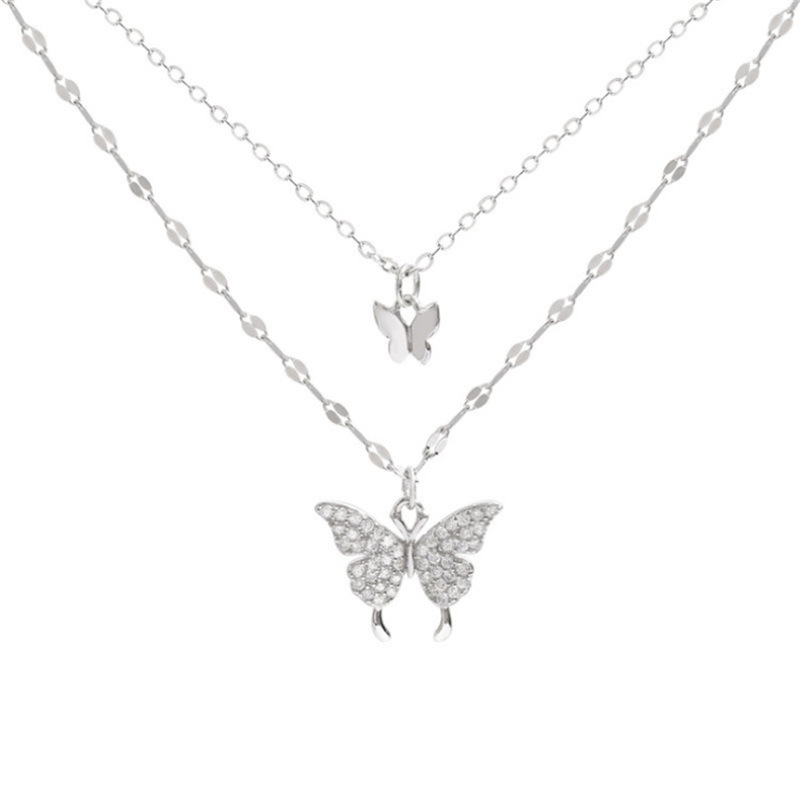 Double Layer Butterfly Pendant Necklace With Diamonds For Women_voghion.com