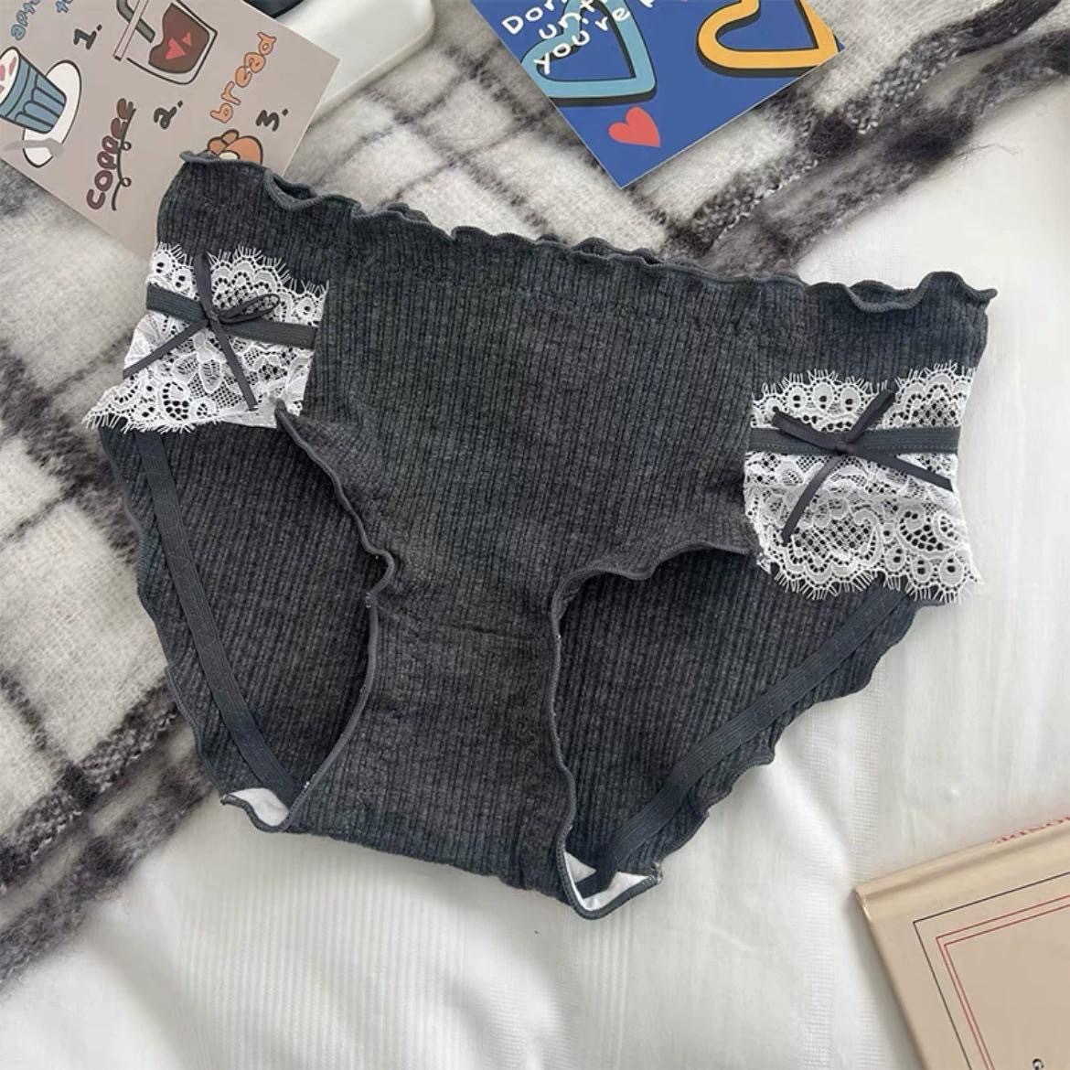 Japanese-Style Pure Desire Girl Lace Panties Women's Pure Cotton Antibacterial Full Cotton Crotch Comfortable Sexy French Mid-Waist Briefs