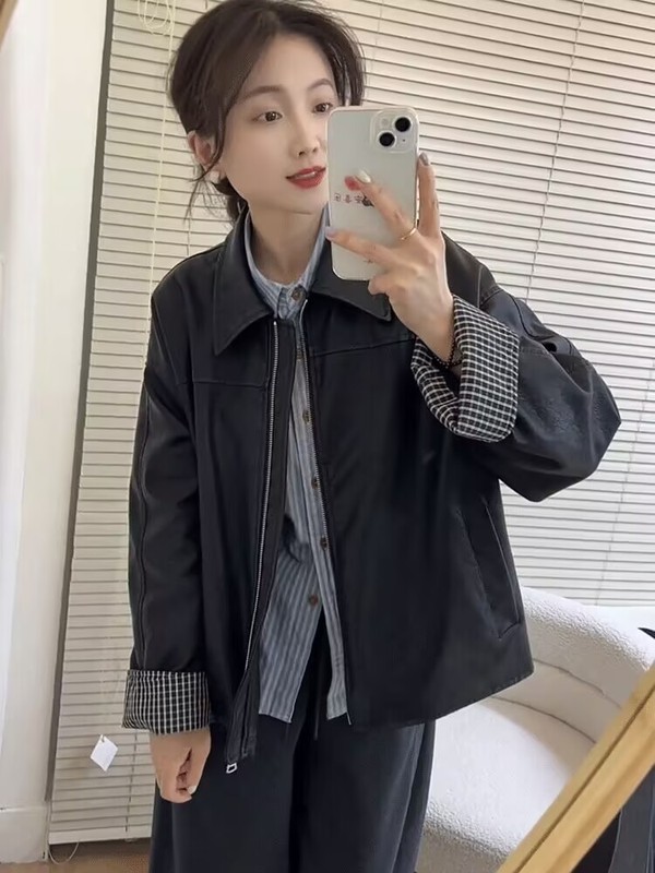 高级感拼接格子翻领黑色皮衣外套女春秋新款休闲百搭PU皮夹克上衣|undefined