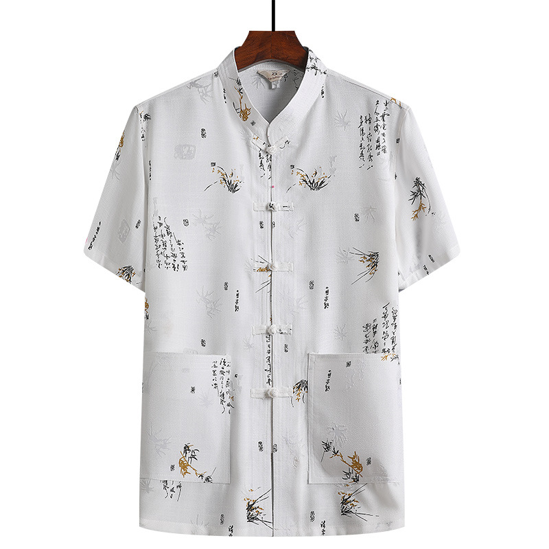 White bamboo leaf print Tang suit for middle-aged and elderly men, Chinese style stand-up collar, plus size, loose fit, short sleeves, casual.