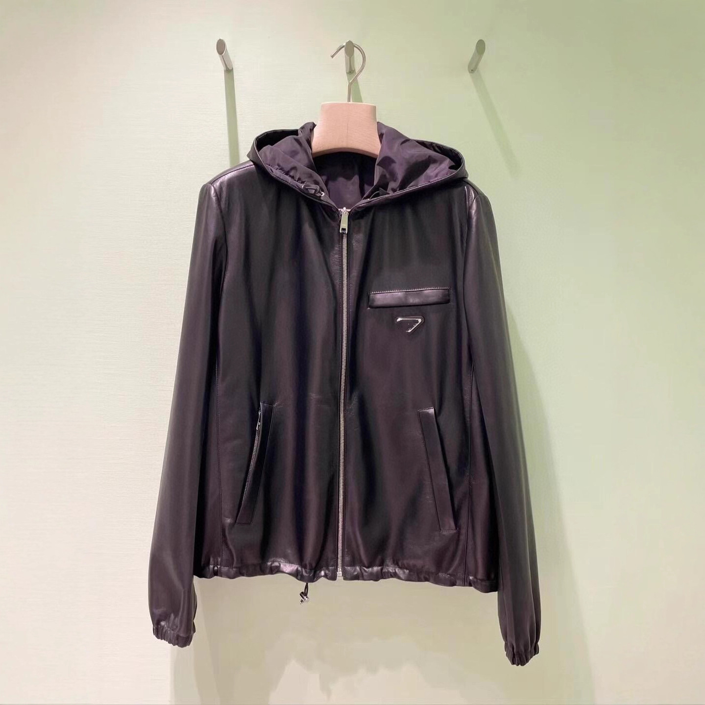 25 Years Autumn and Winter New Casual Fashion Chest Triangle Logo Men's Reversible Hooded Jacket Top Leather Jacket