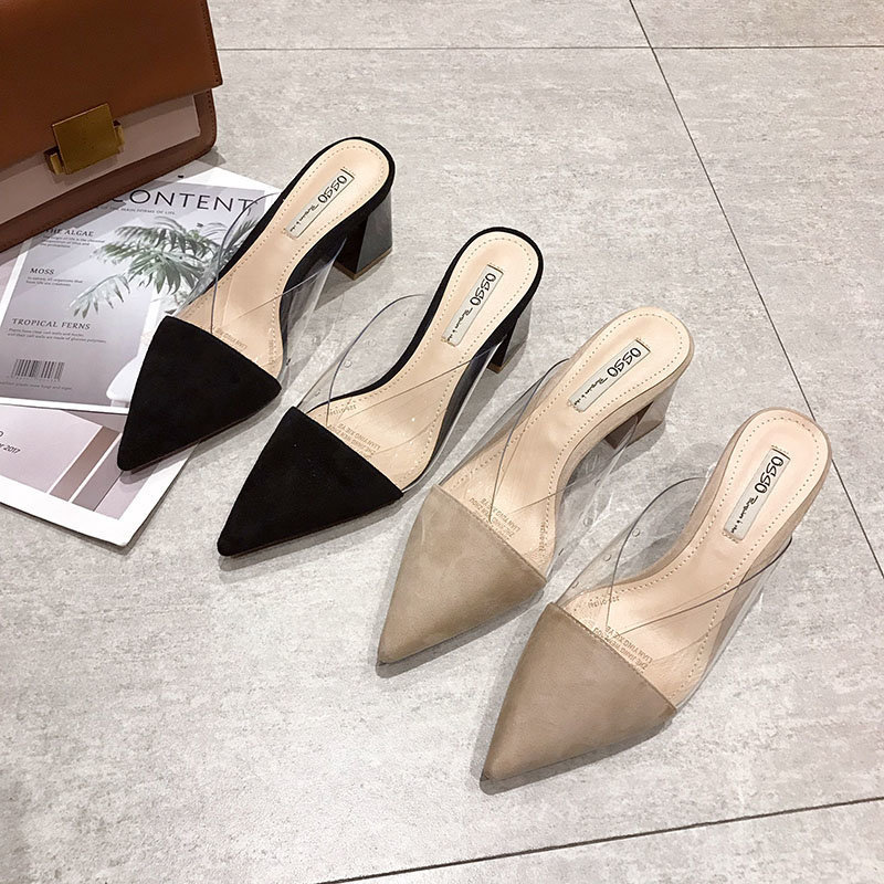 High-heeled Slippers Women's Spring 2024 New Fashionable Transparent Korean Style Outer Wear Toe All-match Half-sals Women's Internet Celebrant Sandals