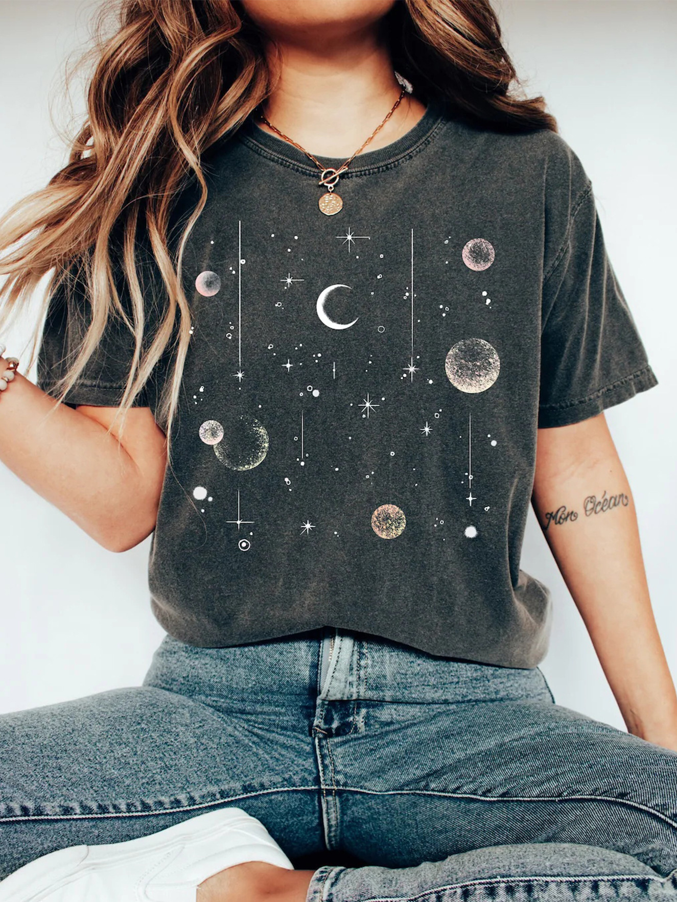 Transfronterizo nuevo eBay impresión digital unisex damas luna impresión digital casual cuello redondo jersey verano manga corta