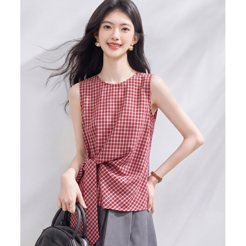 Women's Sleeveless Plaid Camisole Shirt for Foreign Trade, New Round Neck Tie-Up Sleeveless Shirt for Women, Summer 2026 Women's Sleeveless Plaid Camisole Shirt for Foreign Trade, New Round Neck Tie-Up Sleeveless Shirt for Women, Summer 2026