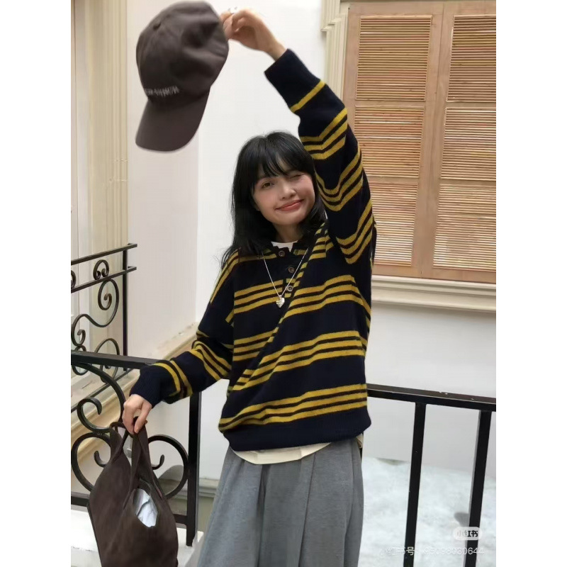 Corea del Sur 2025 otoño nuevo polo cuello de manga larga camiseta de punto de lana suéter retro mujer