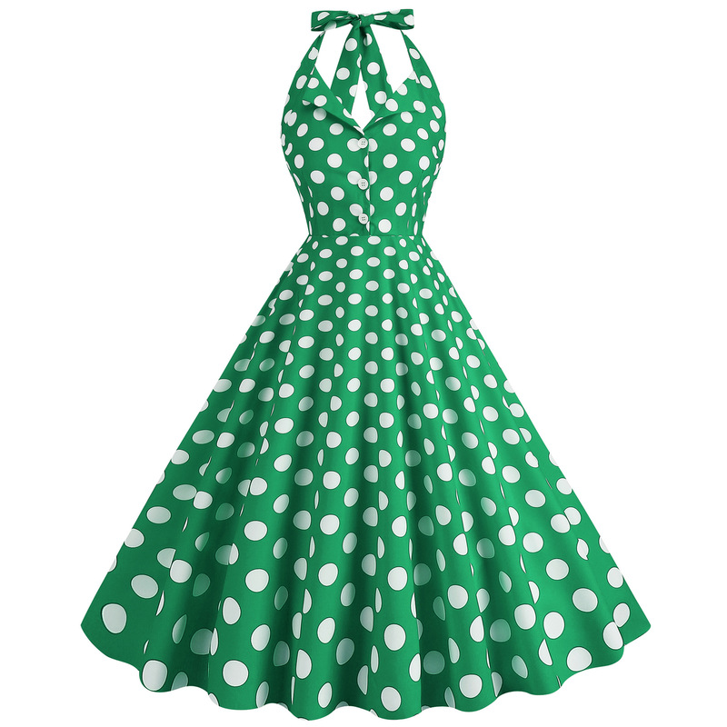 W Cross-border Foreign Trade Hot Sale Women's Summer European and American Hepburn Style Retro Hanging Neck Wave Dot Printing Large dress