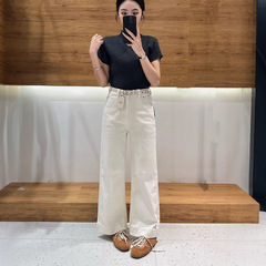 上海蘭芝高腰広脚ジーンズ女性2025春の新型ゆるい痩せ9分ストレートパンツ250120