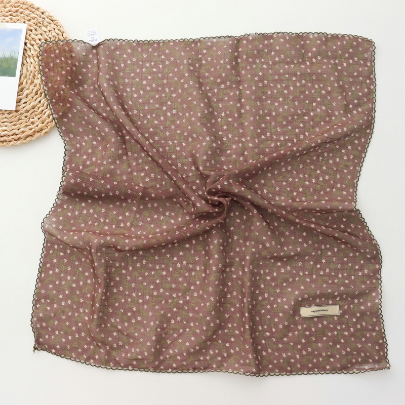Quadratischer Seidenschal im französischen Vintage-Stil mit kleinem Blumenmuster und Spitzenbesatz für Damen, dünn und vielseitig für den Sommer_voghion.com