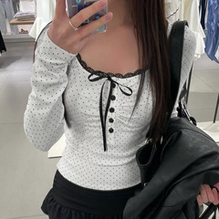 纯欲风蝴蝶结系带波点长袖t恤蕾丝花边排扣撞色圆领修身上衣女秋