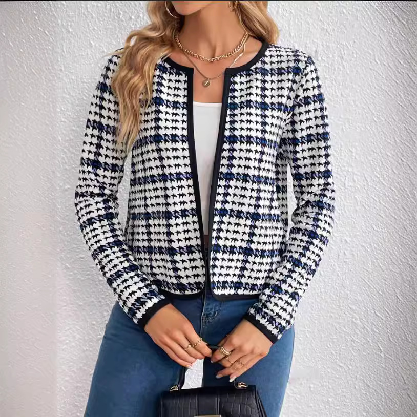 Women's Clothing temperament commuter women's jacket round neck plaid short coat_desvips.com