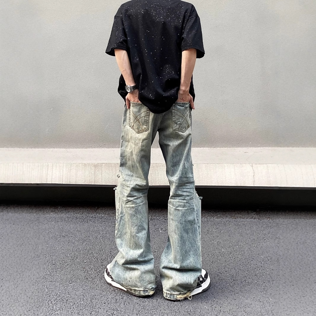 American High Street Retro Ripped Jeans for Men, Loose Straight-Leg Trendy Brand, Handsome Slightly Flared Design, Beggar Pants