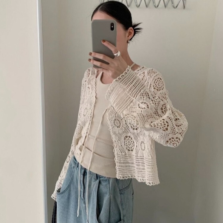 Korean Chic Style Hollow-Out Crochet Lace Trim Short Cardigan Summer Short Blouse Long-Sleeve Top Korean Fashion Women's Clothing Korean Chic Style Hollow-Out Crochet Lace Trim Short Cardigan Summer Short Blouse Long-Sleeve Top Korean Fashion Women's Clothing