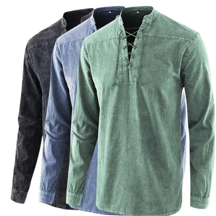 Men's stand-alone Amazon new men's solid color retro lace-up stand collar loose casual shirt