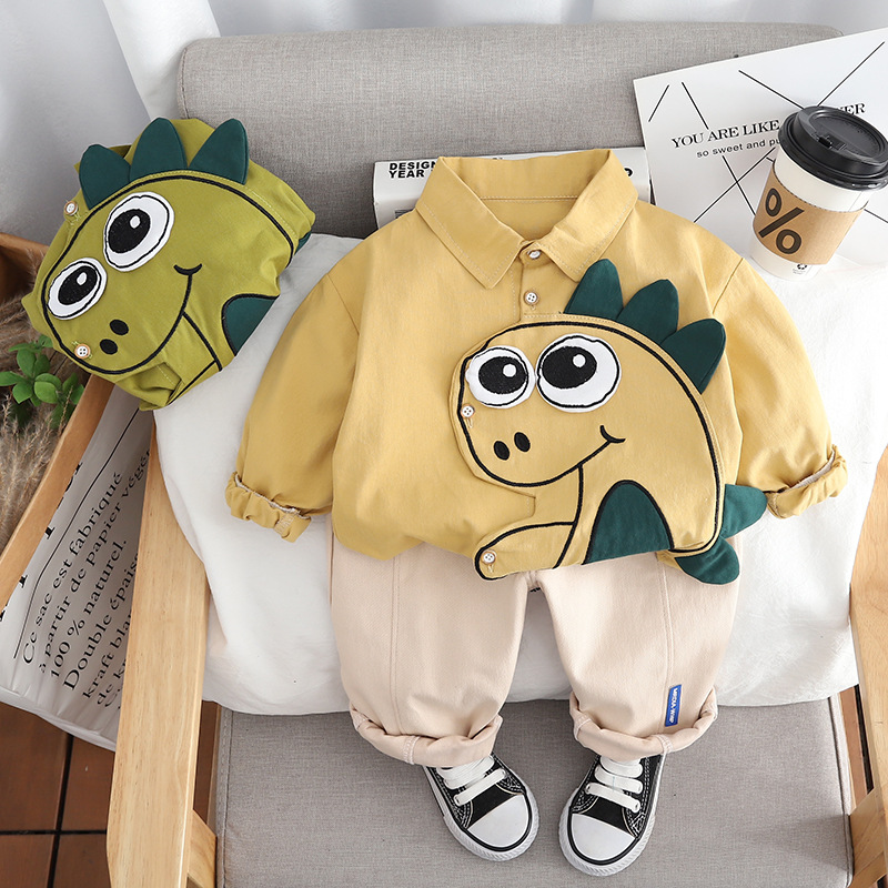 Free shipping Yikids boys' spring and autumn dinosaur shirt long sleeve suit baby cotton shirt casual children's clothing New