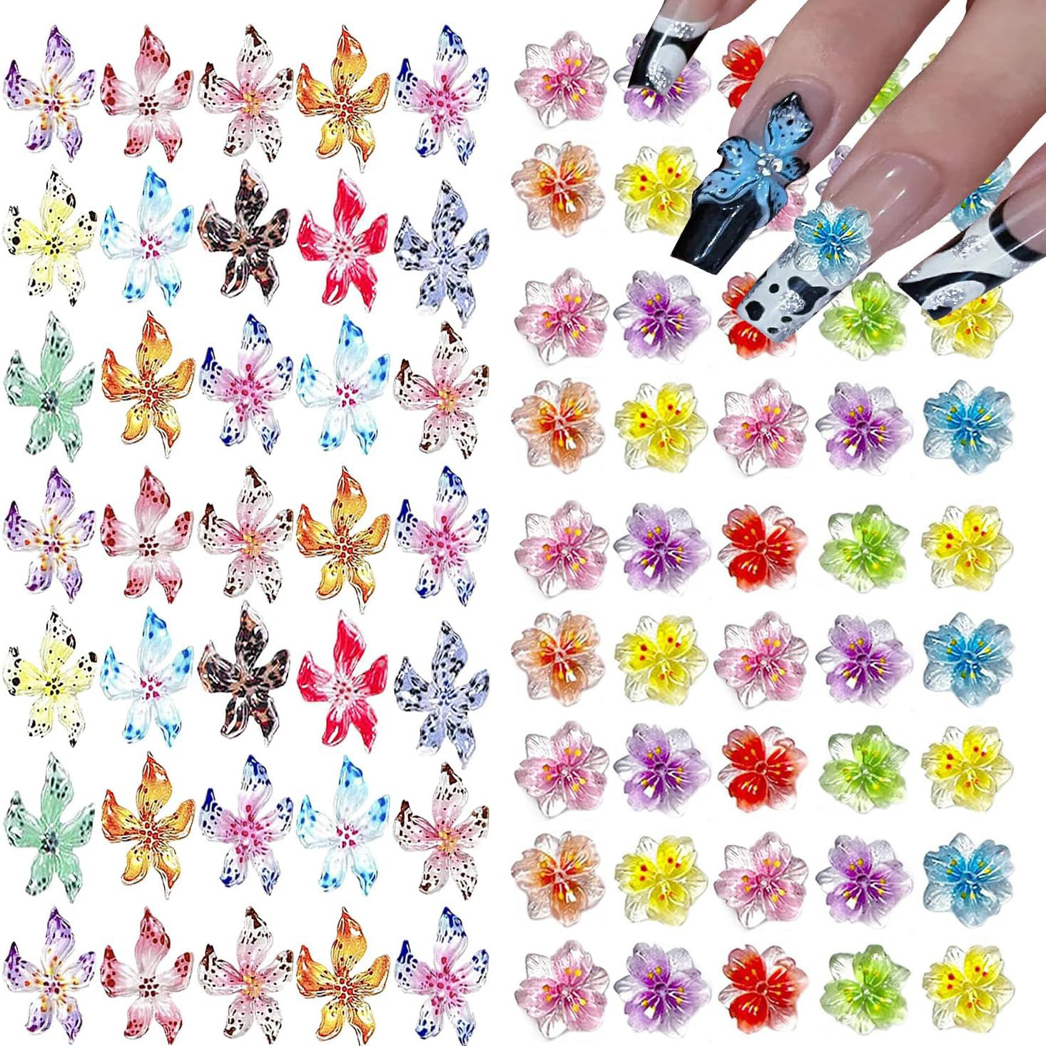 跨境爆款立体冰晶软雕花树脂百合花豹纹彩色花100颗混装美甲饰品