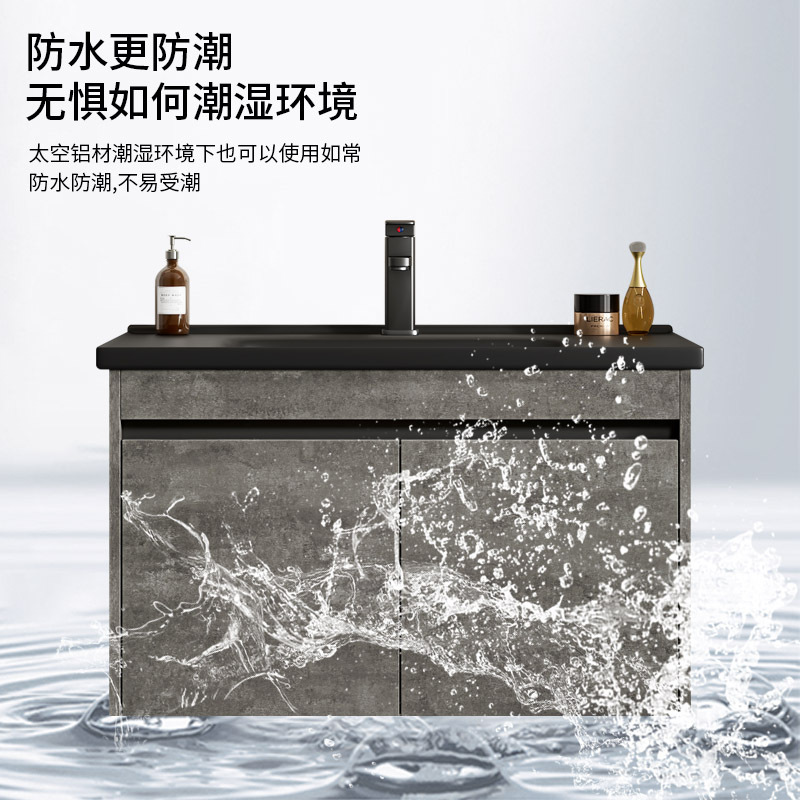 Mueble de baño de aluminio espacial Combinación de encimera negra Lavabo de cerámica de una pieza Lavabo transfronterizo Lavabo de baño Balcón