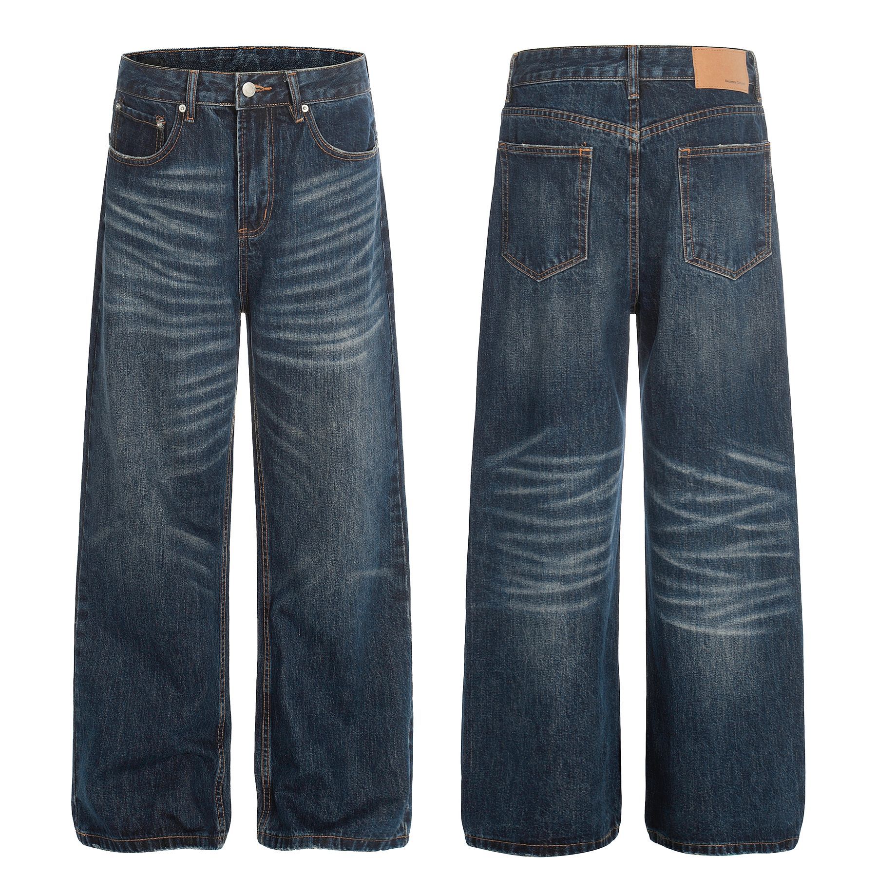 Men's Loose Fit Straight Leg Jeans Deep Blue Denim King Whisker Pattern High Street Style High End Feel_mkmklike.com