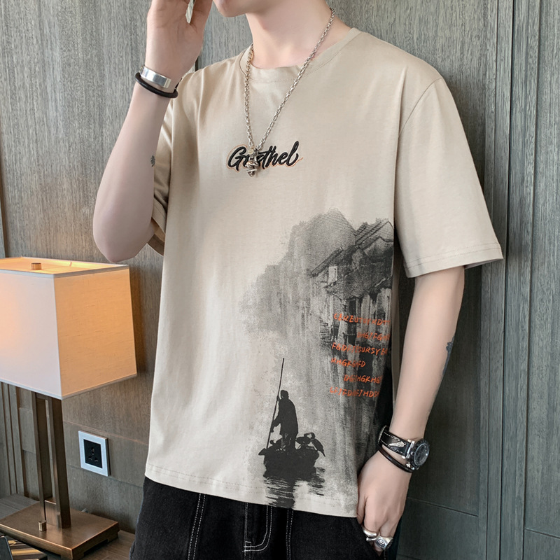 Summer 2023 men's short-sleeved T-shirt ins national fashion loose top trendy men's clothes ice silk T-shirt