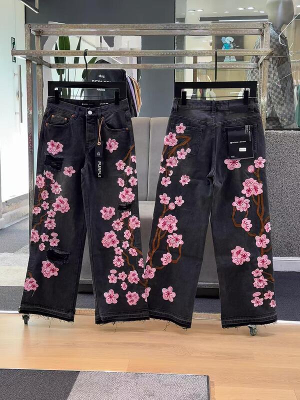 桜刺繍入りデニムパンツ！リッピングデザイン、ファッショナブルでカジュアル、スリムでストリートスタイル-WL617|undefined