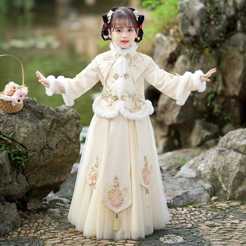 New Year winter hanfu for girls kids chinese ancient costume Qipao Cheongsam Dresses Girls chinese princess winter tang suit 