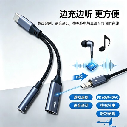 Type-C headphone live streaming sound card adapter, compatible with Huawei, iPad, Xiaomi, Vivo, and Honor phones, for AUX audio