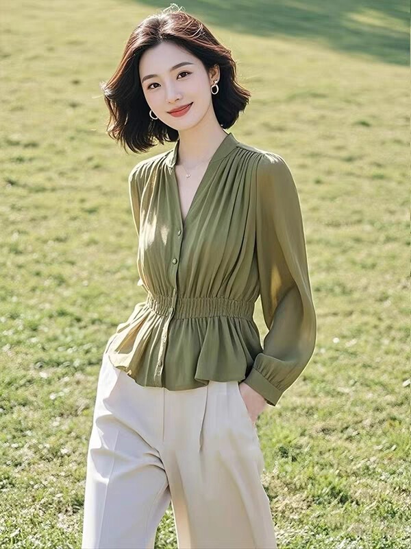 秋季小众通勤穿搭重要场合小衫设计感绿色收腰衬衫裤子两件套装|undefined