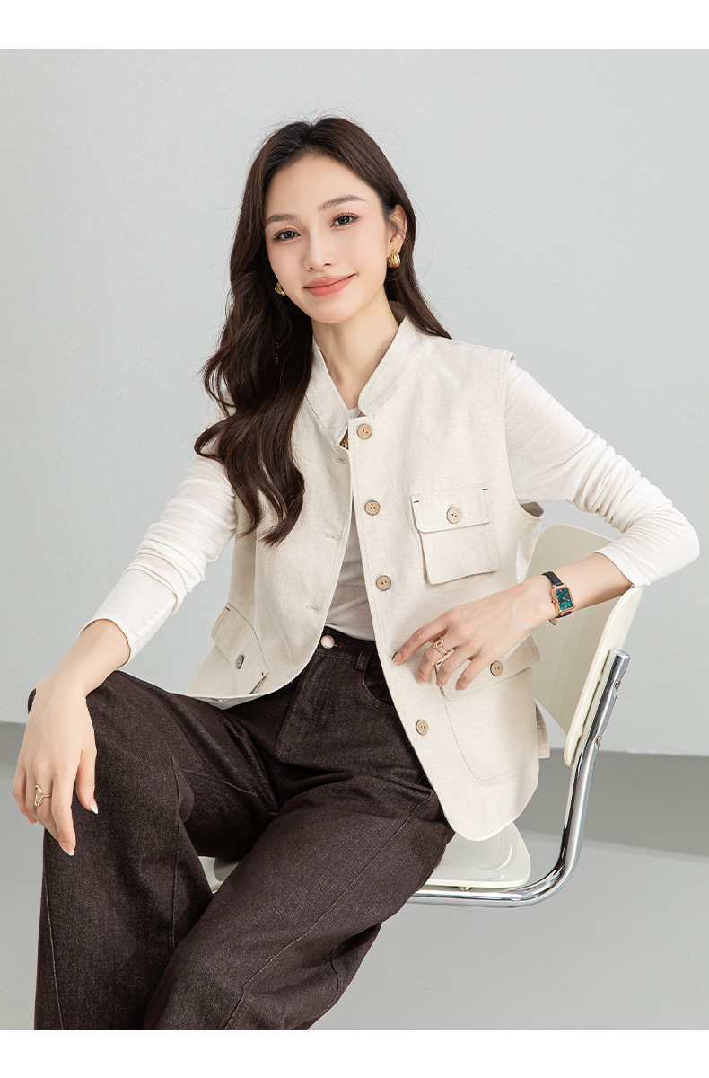 Áo gile nữ phong cách Nhật cổ điển chất liệu cotton pha lanh, dáng không tay, thiết kế layer độc đáo — màu sắc chi tiết 24