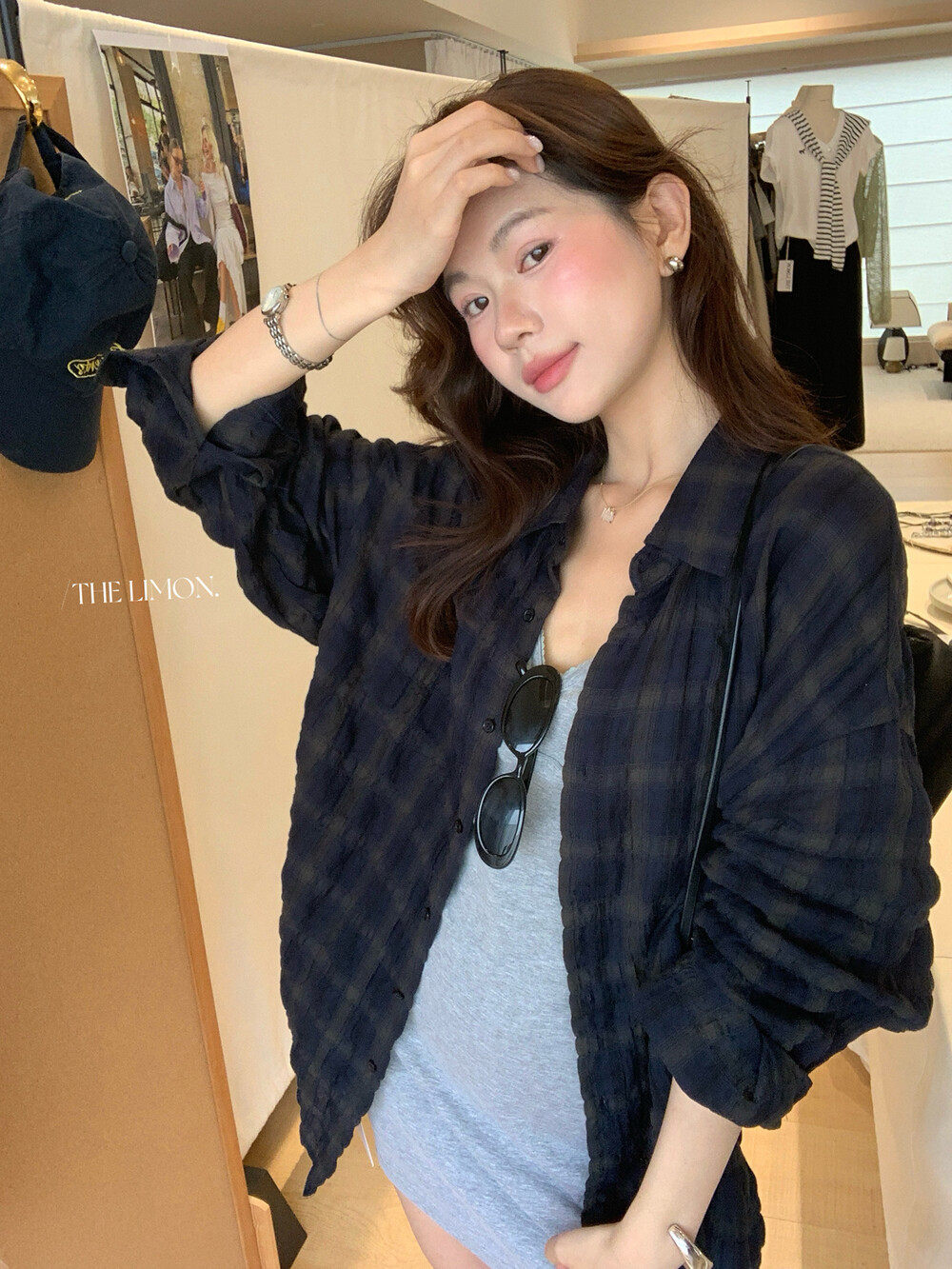 Áo sơ mi nữ dài tay cổ bẻ họa tiết kẻ caro phong cách Hàn Quốc — xanh đậm chi tiết 22