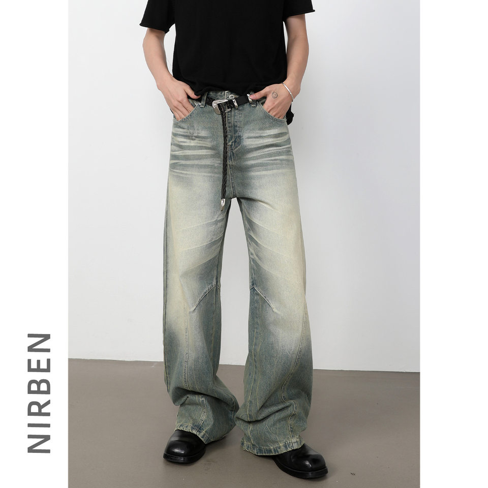 Quần jean nam dáng rộng ống đứng phong cách retro Mỹ, giặt mài làm cũ, dễ phối đồ — Màu trắng, Xanh hoài cổ, Đen xám