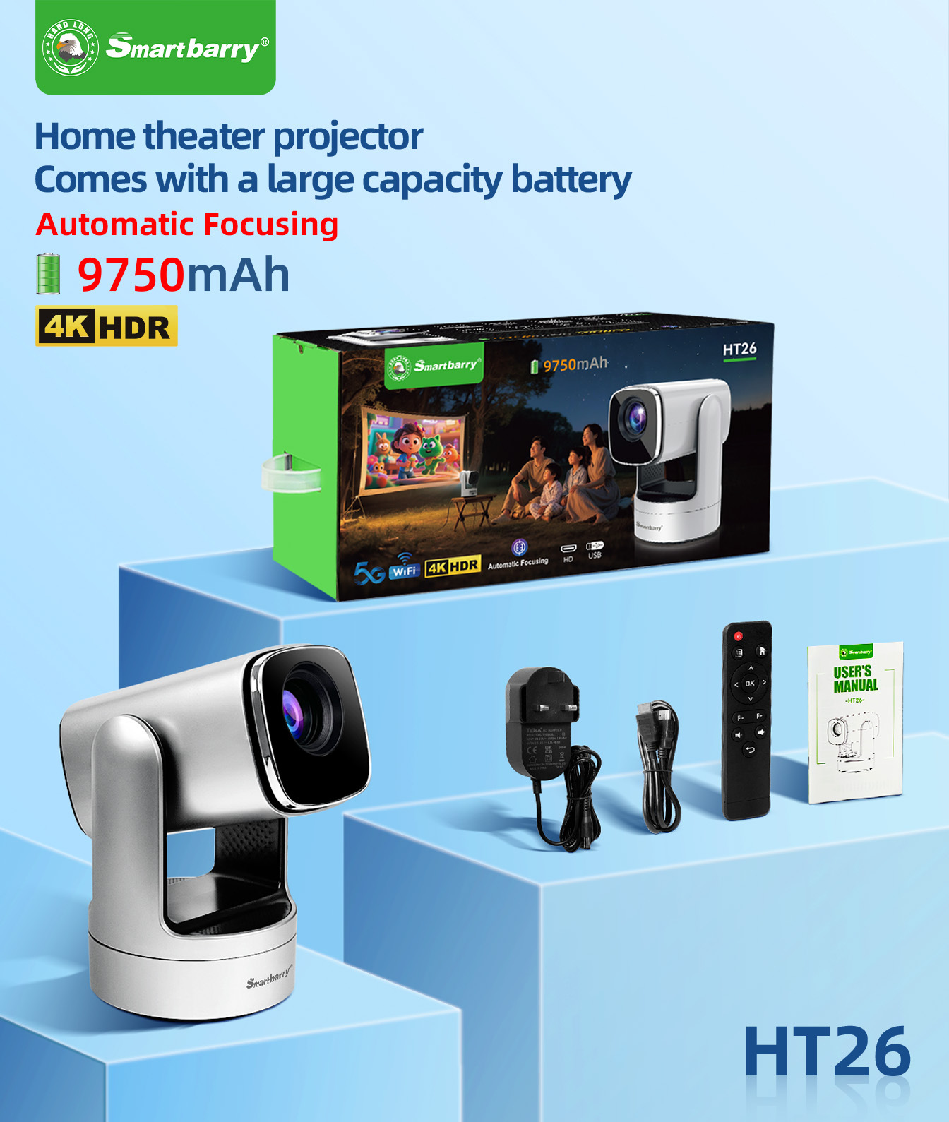 Sınır Ötesi 4K Açık Hava Projektörü Yerleşik Pil WiFi HD Android Akıllı Projector