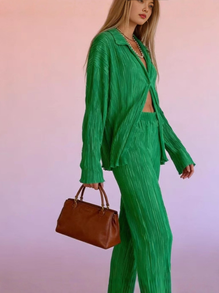 2026 moda transfronteriza europea y americana otoño nuevo estilo pantalones de campana plisados ​​ropa para el hogar plisada de un solo pecho drapeado conjunto de dos piezas
