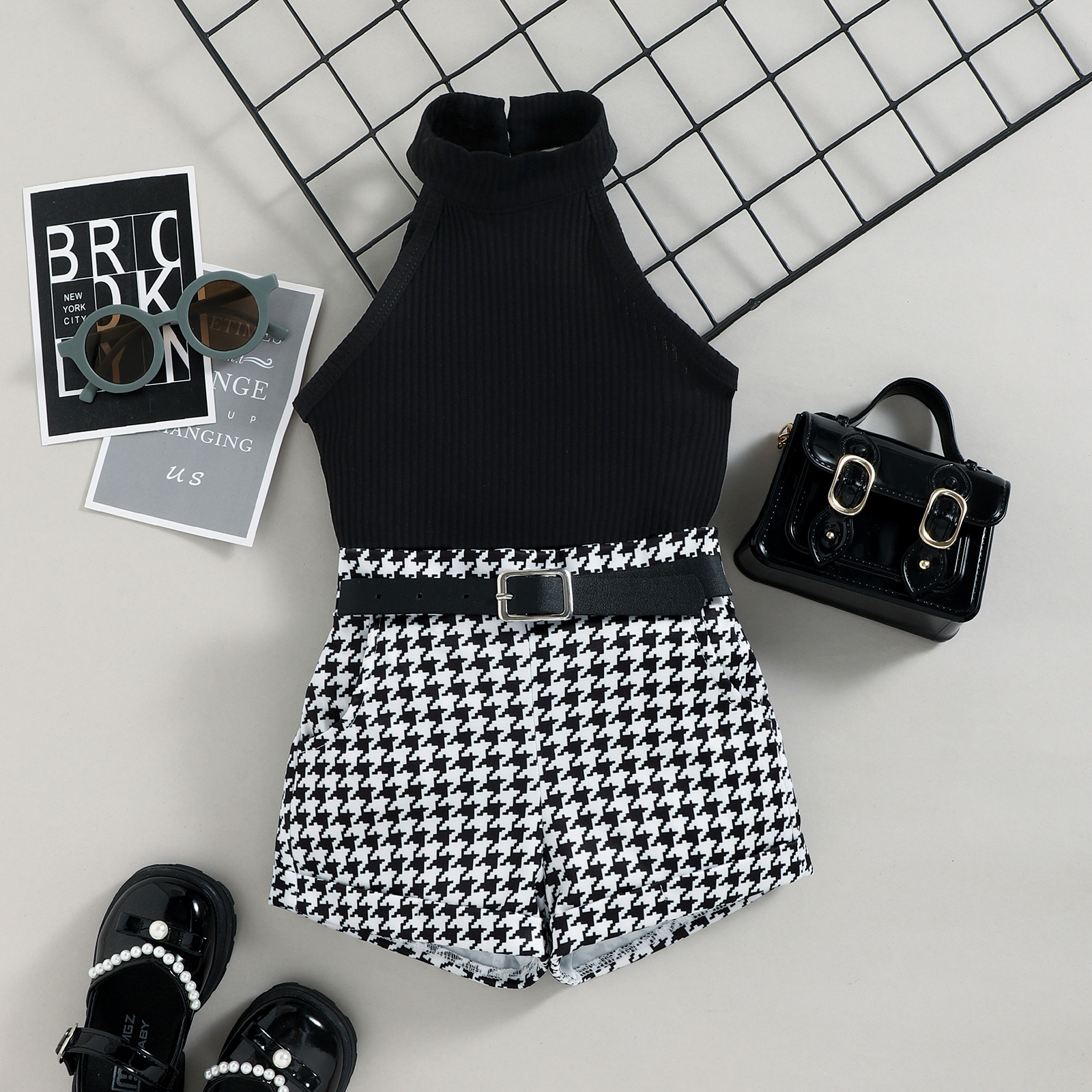 Fashion Houndstooth Stripe Cotton Girls Clothing Sets display picture 2