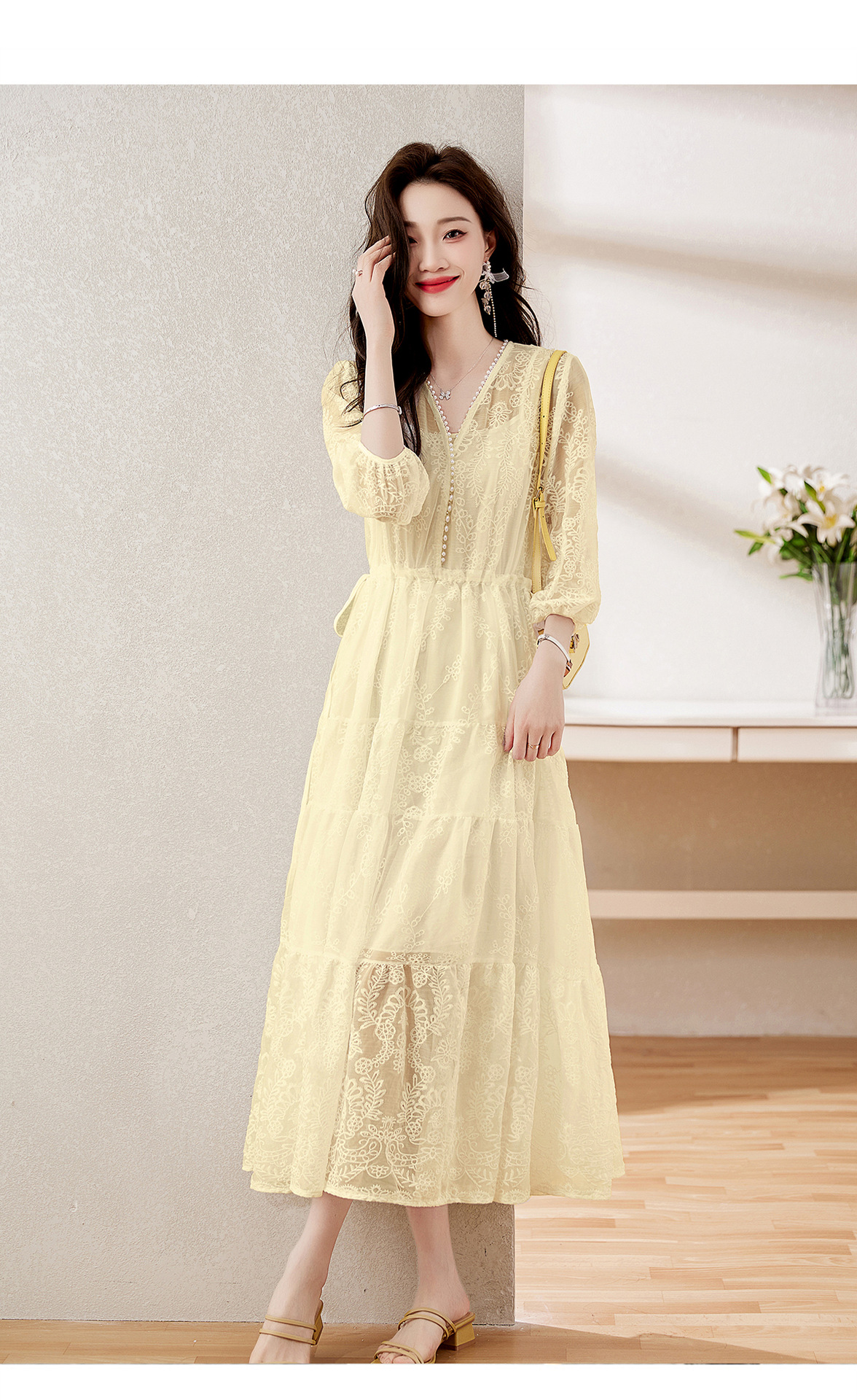 Đầm maxi nữ cổ V thắt eo dáng dài thanh lịch NY1608 — xanh lam, màu tím, màu vàng chi tiết 17