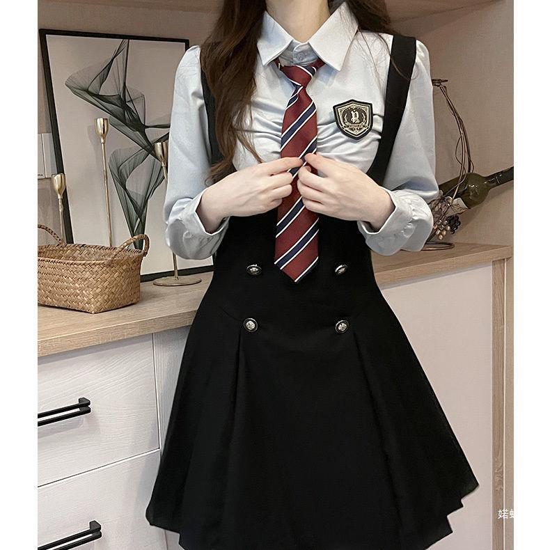 RUODIE COLLEGE 스타일 원피스 유니폼 가을 및 겨울 미국 세트 장난스럽고 활기찬 캠퍼스 원피스 왕실 자매 스트랩 원피스 하이