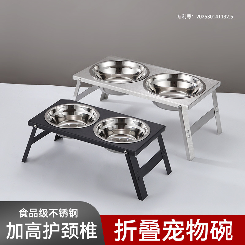 亚马逊折叠铁艺双盆不锈钢狗食架狗盆狗碗猫碗狗食盆批发支架便携