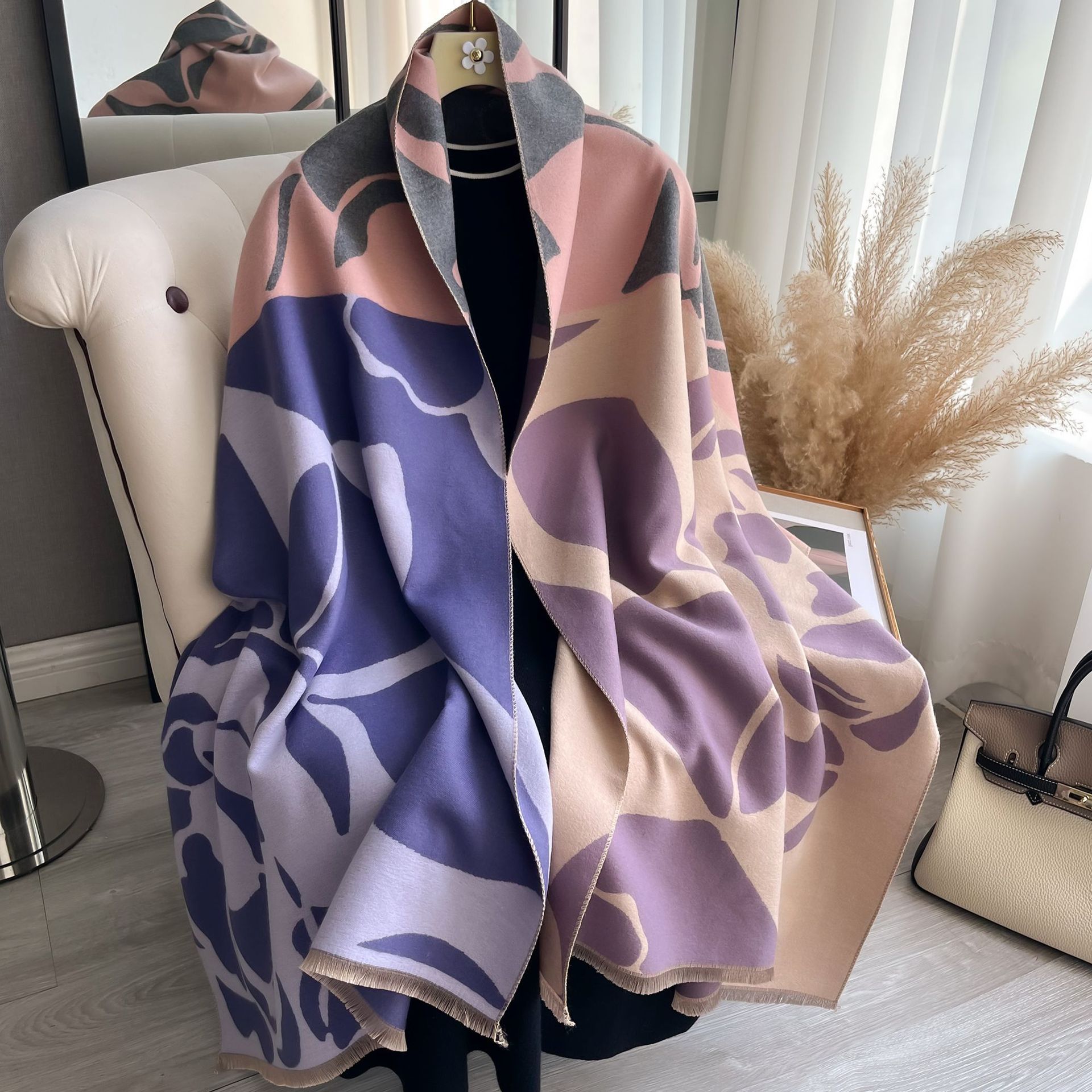 Bufanda Chal de Imitación de Cachemira Estampado de Camelia Térmica para Otoño e Invierno
