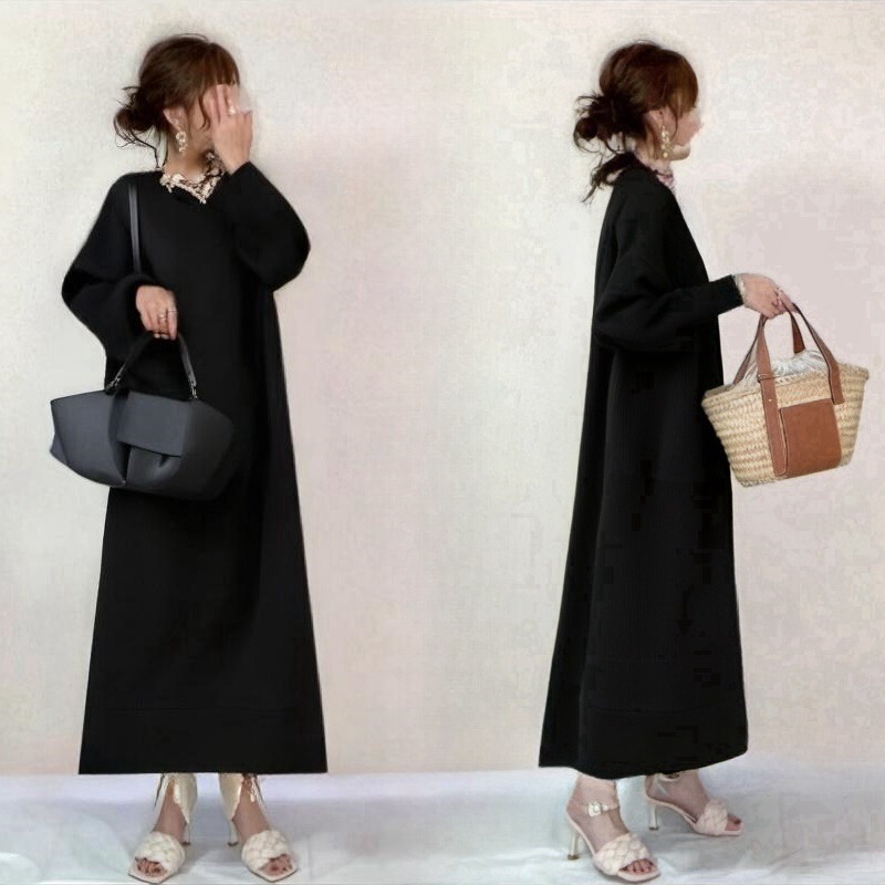 Spring and Autumn New Elegant V-Neck Double Pocket Side Slit Dress for Women, Loose and Slimming Long Dress