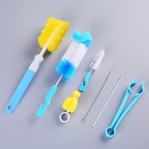Nursery bottle brush set, bottle cleaning brush, sponge, nipple brush, stainless steel straw brush, baby bottle brush seven-piece set 6055