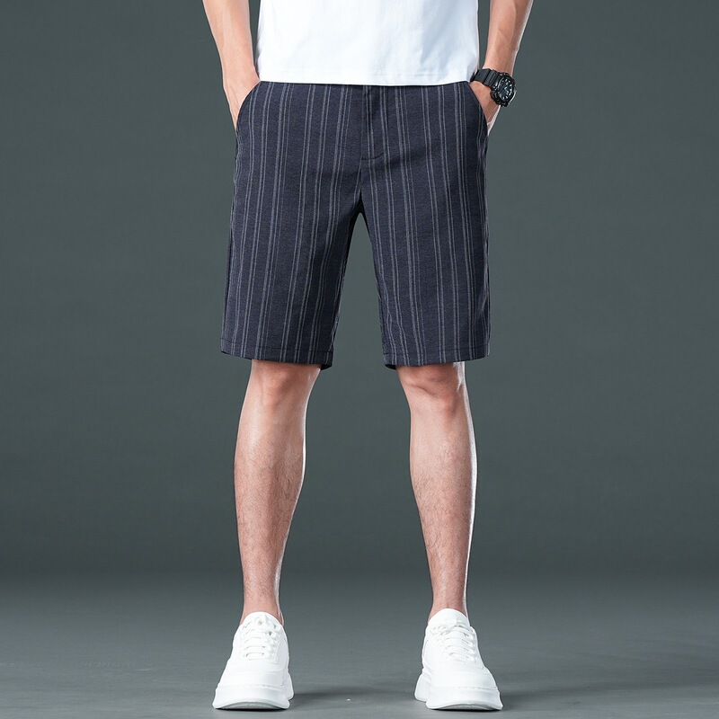 Men's striped suit shorts, casual mid-length pants, summer ice silk thin style with belt, 2026 new model