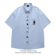 日系复古小狗刺绣Polo领衬衫男女夏季宽松潮流学院风宽松百搭衬衣