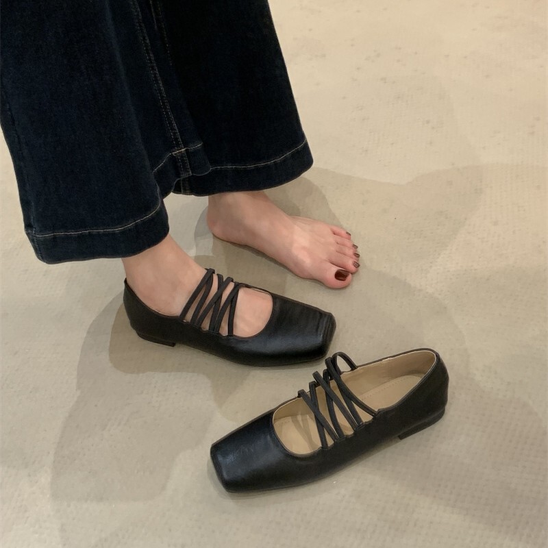 法式方头猪鼻子芭蕾舞玛丽珍鞋感小众交叉带晚晚风通勤单鞋女|undefined