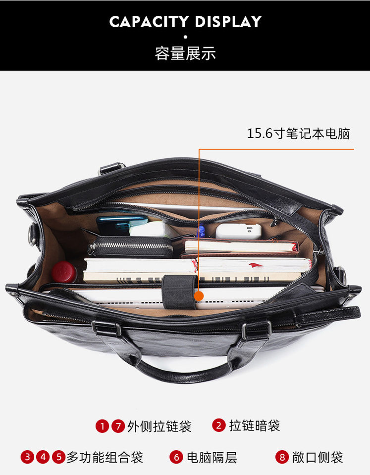 Cặp da nam cỡ lớn đựng laptop 15.6 inch, túi xách tay công sở kiêm túi du lịch bằng da bò — Da cây cao su, lót nhung cao cấp chi tiết 9