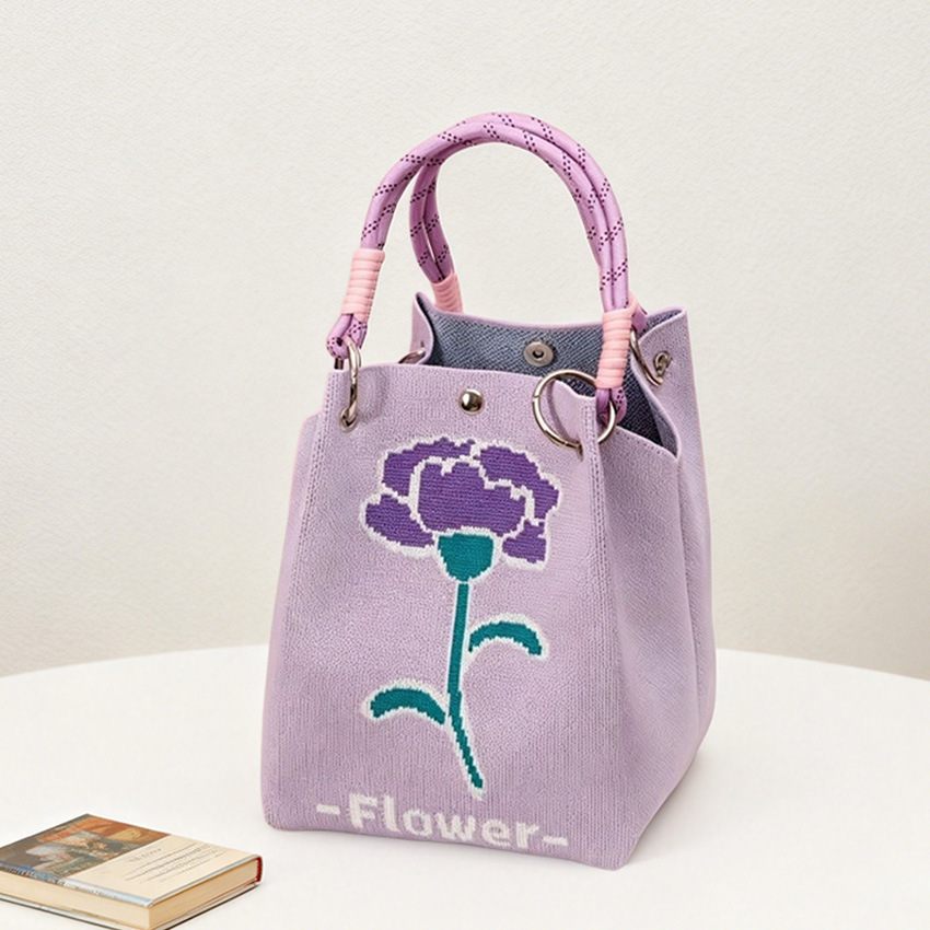 Floral Knit Ring Handle Structured Bucket Tote Bag 37