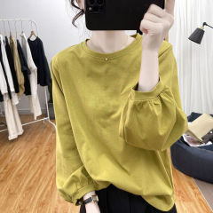 秋の純綿ランタンスリーブ長袖Tシャツレディース韓国風ゆったり年齢軽減トップスレトロプリーツボトムシャツTシャツ