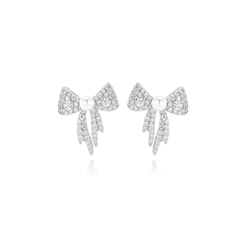 Xuping simple incrustado zircon perla arco perla perlas aleación de cobre chapado blanco elegante temperamento orejas diarias